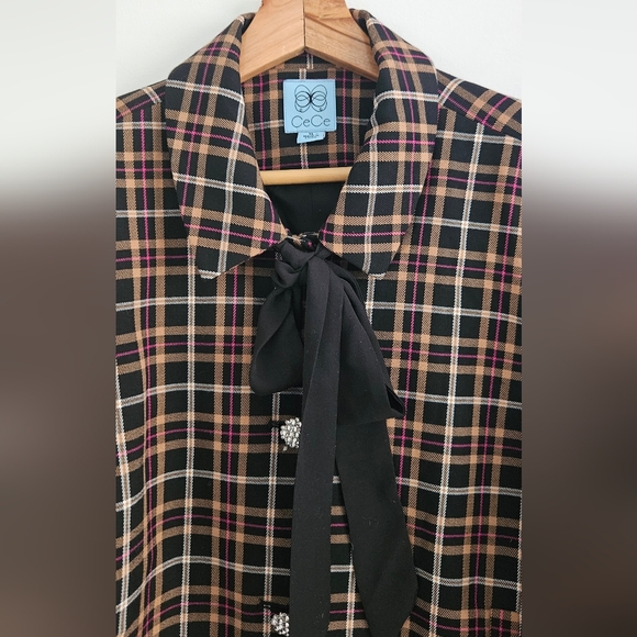 NWT Women's Cece Plaid Tie Neck Blazer Jacket with Rhinestone Button-Up Size XL - Picture 2 of 15